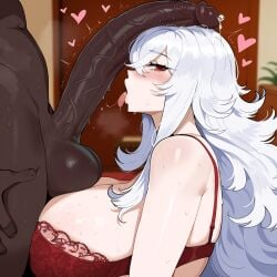 1boy 1girls ai_generated azur_lane big_breasts breasts_bigger_than_head dark-skinned_male female female_focus graf_zeppelin_(azur_lane) hat hips huge_breasts huge_cock imminent_oral large_breasts light-skinned_female lingerie mature_female milf penis_on_face red_eyes red_lingerie thick_thighs thighs white_hair