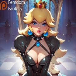 1girls ai_generated big breasts dominant dominant_female domination explicit female femdom femdomfantasyai latex medium_breasts nintendo nude obey ordering princess_peach room rules super_mario_bros. throne worship