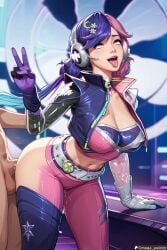 1girl1boy ahe_gao ahe_gao ahegao_face ai_generated big_breasts female gloves headset idol lipstick luna_snow luna_snow_(mirae_2099) marvel marvel_rivals midriff multicolored_hair omega_weirdo open_mouth patreon peace_sign pink_eyes pink_hair pleasure_face pleasured_face purple_hair sex standing_doggy_style standing_sex taken_from_behind tongue_out