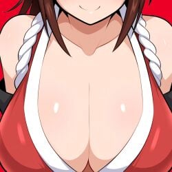 1girls ai_generated alternate_breast_size big_breasts breast_focus breasts chest close-up female huge_breasts king_of_fighters large_breasts mai_shiranui mullon novelai paulinebabe shiranui_mai snk solo