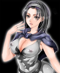 1girls big_breasts black_hair breasts brown_eyes capelet cleavage clothed curvy erect_nipples female hairband headband jun_kazama kazama_jun large_breasts leotard lipstick looking_at_viewer makeup milf namco nipples pointy_chin red_eyes see-through short_hair simple_background solo solo_female tekken tekken_2 tekken_tag_tournament tekken_tag_tournament_2