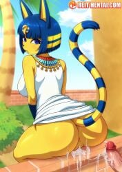 after_sex after_vaginal animal_crossing animal_humanoid ankha background blue_hair cat_ears cat_tail catgirl cum cum_in_pussy dress_up from_behind furry looking_at_viewer looking_back reit tagme watermark yellow_fur