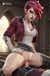 1boy 1boy1girl 1girls ai_generated arcane arcane_vi artist_name bandages belt breasts cleavage closed_eyes collarbone cowgirl_position hi_res jacket league_of_legends neck_tattoo netflix nose_piercing open_jacket pants penis piercing pussy r34arts red_hair red_jacket riot_games sex shirt short_hair solo_focus spread_legs straddling straight striped_clothes striped_pants tattoo torn_clothes twitter_logo uncensored vaginal_penetration vaginal_penetration vaginal_sex vi vi_(league_of_legends)