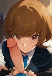 ai_generated bangs bed blush brown_eyes brown_hair closed_mouth clothing female indoors looking_at_viewer penis penis_on_face surprised teenage_girl teenager yu-gi-oh! yu-gi-oh!_vrains zaizen_aoi