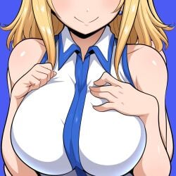 1girls ai_generated alternate_breast_size big_breasts blonde_hair breast_focus breasts chest close-up fairy_tail female huge_breasts large_breasts lucy_heartfilia novelai paulinebabe shirt smile solo