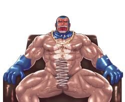 balls bara beard boner cum erection facial_hair genta_iwayama hands-free handsfree_ejaculation male male_only matt_(pokemon) muscles muscular nintendo nude orgasm penis pokemon sitting solo solo_male sweat sweating