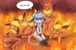 5girls all_fours anthro anus blonde_hair blue_hair blush breasts english_text fire flareon furry furry_female furry_with_furry futa_with_female futanari glaceon hand_on_another's_head headpat imminent_gangbang large_breasts looking_at_another lumineko medium_breasts meme multiple_girls neck_fur nipples oerba_yun_fang orange_fur penis pokemon pussy speech_bubble this_is_fine_(meme) yellow_fur