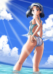 1girls adjusting_swimsuit alluring ass bad_anatomy beach black_hair brown_eyes competition_swimsuit female hairband hands_on_hips headband highres jun_kazama kazama_jun kneepits legs looking_at_viewer masamurai milf namco one-piece_swimsuit see-through short_hair small_breasts solo sunbeam sunlight swimsuit tekken tekken_2 tekken_tag_tournament tekken_tag_tournament_2 tekken_the_motion_picture wading water wet