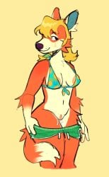 animal_crossing anthro areola areola_slip audie_(animal_crossing) bikini bikini_top blonde_hair blush blush_lines bodily_fluids bottomwear breasts canid canine canis cheek_tuft clothed clothing facial_tuft female flashing fluffy fur genital_fluids genitals green_bottomwear green_clothing green_shorts hair hi_res inner_ear_fluff looking_aside mammal nintendo nipples no_underwear nude pawpads paws peachy_bat pineapple_print pulling_down_shorts red_wolf shorts simple_background solo swimwear tail_around_self tail_fluff tuft two-piece_swimsuit vaginal_fluids vulva wolf yellow_background