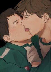 2boys 7000j black_hair blush brown_eyes brown_hair closed_eyes eyes_open_while_kissing french_kiss gay hwang_in-ho light-skinned_male making_out male male/male male_focus male_only no_visible_genitalia seong_gi-hun shirt_lift squid_game sweatdrop tongue_in_mouth tongue_kiss track_jacket yaoi