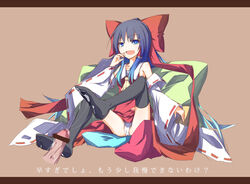 black_hair blue_eyes censored cum feet female footjob gradient_hair ichiyan japanese_clothes letterboxed miko multicolored_hair panties penis reimu_hakurei solo thighhighs touhou underwear