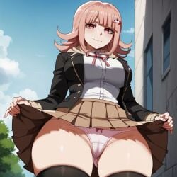 1girls ai_generated artist_request ass ass big_ass big_breasts big_breasts big_penis breasts breasts danganronpa danganronpa_2:_goodbye_despair embarrassed embarrassed_female hair_ornament lifting_clothing lifting_own_clothes lifting_skirt nanami_chiaki pink_eyes pink_hair short_hair showing_panties tagme