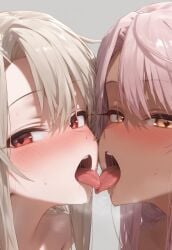 ai_generated bare_shoulders blonde_hair blush blush blushing_at_viewer chloe_von_einzbern fate/kaleid_liner_prisma_illya fate_(series) illyasviel_von_einzbern looking_at_viewer open_mouth orange_eyes pink_hair red_eyes saliva saliva_string saliva_trail teeth teeth_showing tongue tongue_kiss tongue_out