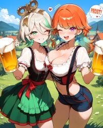 2girls ai_generated alcohol apron beer blush blushing cecilia_immergreen cleavage cloud colored_inner_hair dirndl doll_girl doll_joints dress earrings feather_earrings female_only frills german german_text grass green_eyes grey_hair hair_between_eyes hair_ornament hand_on_another's_waist hand_on_waist heart holding_beer hololive hololive_english large_breasts looking_at_viewer midriff motion_lines multicolored_hair multiple_girls notreallyhere one_eye_closed open_mouth orange_hair outdoors puffy_short_sleeves purple_eyes ribbon short_hair short_sleeves shorts skirt sky small_breasts smile speech_bubble spoken_heart standing suspenders takanashi_kiara text vtuber wind-up_key wink winking_at_viewer