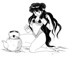 1girls angry angry_face back_length_hair bikini black_and_white dark_hair female_focus female_only half_naked half_naked_female kettle light-skinned_female long_bangs long_hair manga manga_style messy_hair monochrome official_art ranma_1/2 rumiko_takahashi shampoo_(ranma_1/2) solo solo_female solo_focus takahashi_rumiko tea_kettle