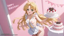 1girls ahoge ai_generated apron asia_argento blonde_hair breasts cake female food green_eyes hell-pantsu high_school_dxd long_hair naked_apron nipples small_breasts solo