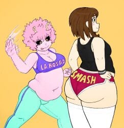 2girls bbw big_ass booty_shorts chubby female female_only large_ass mina_ashido my_hero_academia ochako_uraraka ronic_lagann short_shorts spanking yuri