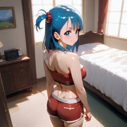 ai_generated blush bulma_briefs bulma_briefs contrast dragon_ball eternalpose high-angle_view indoors patreon patreon_username pixiv ponytail shiny shiny_skin shorts side_ponytail sideboob tubetop