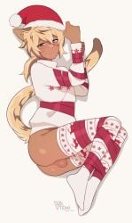 1boy animal_ears ass blonde_hair blush bondage bound cat_boy cat_ears cat_tail christmas commission dark-skinned_male dark_skin hat heterochromia highres long_hair looking_at_viewer male_focus matemi original otoko_no_ko ponytail ribbon ribbon_bondage santa_hat second-party_source solo tail testicles thighhighs white_thighhighs