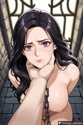 1girl1boy ai_generated big_breasts black_hair captured chained chains chin_grab crying crying_with_eyes_open dungeon empty_eyes female giving_up kidnapped long_hair mind_break mole mole_under_mouth naked omega_weirdo patreon purple_hair slave slave_collar the_witcher_(series) the_witcher_3:_wild_hunt yennefer yennefer_of_vengerberg