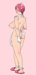 apron ass blush breasts curvy erect_nipples huge_breasts kuruta maid naked_apron pink_eyes pink_hair short_hair sideboob