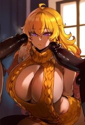 1girls 2boys ai_generated artist_name blonde_hair cleavage cock dark-skinned_male hi_res hips huge_breasts light-skinned_female lipstick purple_eyes rwby virgin_killer_sweater yang_xiao_long