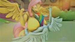 16:9 3d anthro between_breasts big_breasts breast_smother breasts digital_media_(artwork) duo equid equine female female/female fluttershy_(mlp) friendship_is_magic hasbro hi_res huge_breasts mammal my_little_pony mythological_creature mythological_equine mythology outside pegasus pink_hair rainbow_dash_(mlp) rainbow_hair smothering veryfluffy widescreen wings