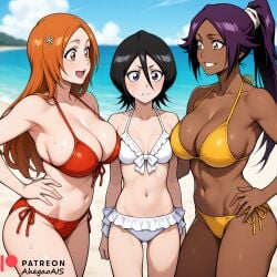 ahegao_ai ai_generated beach bikini bleach bleach:_the_thousand-year_blood_war inoue_orihime inoue_orihime kuchiki_rukia kuchiki_rukia shihouin_yoruichi