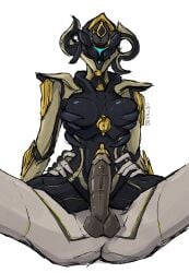 absurd_res alien anthro armor ass balls big_penis black_body black_skin bodily_fluids breasts cowgirl_position digital_extremes duo equinox_(warframe) erection faceless featureless_breasts female from_front_position genital_fluids genitals grey_body grey_skin grinding hands_on_hips headgear helmet hi_res humanoid imminent_sex lying machine male male/female muscular muscular_male oberon_(warframe) on_back on_bottom on_top oxtra penile penis precum robot robot_humanoid sex tencent warframe warframe_(species) wide_hips