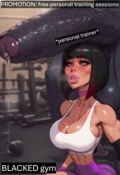 absurdly_large_cock ai_generated bangs bimbo black_hair blacked blacked_gym bob_cut bubble_butt cleavage cock_shock cock_worship cum dumb_face fit_female foreskin goth gym huge_ass huge_breasts huge_cock imminent_oral interracial milf penis_on_face penis_on_head personal_trainer pobodyznerf ponytail precum red_highlights saliva squatting steam sweat tight_clothing veiny_penis workout