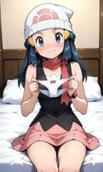 ai_generated black_shirt dawn_(pokemon) embarrassed female holding_panties legs miniskirt nintendo panties pink_skirt pokemon ribbon_on_panties short_hair sitting smile white_panties