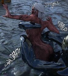 3d angry_face ass breasts captured captured_heroine cd_projekt_red ciri completely_nude dirty_body english_text female green_eyes imminent_death light-skinned_female mascara monster nipples nude scar soleswallower swamp swamp_monster text the_witcher_(series) the_witcher_3:_wild_hunt white_hair