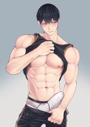 1boy abs arm_up bara bare_shoulders black_hair black_pants black_shirt blush bulge closed_mouth clothes_lift clothes_pull commentary_request contrapposto erection erection_under_clothes groin haikyuu!! hair_between_eyes highres kageyama_tobio looking_to_the_side male_focus male_only male_underwear muscular muscular_male navel nipples onglai87 pants pants_pull pectorals shirt shirt_lift short_hair sideways_glance sleeveless solo standing sweat tank_top underwear white_male_underwear