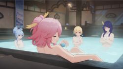 anime anime_girls bath bathhouse bathing blonde_hair blue blue_hair dark detailed_art digital_illustration genshin_impact hair, hot_springs inazuma japanese, lumine_(genshin_impact) mizuki_yumemizuki onsen pink pink_hair purple_hair raiden_shogun relax relaxation, scene, soft_lighting vibrant_colors wellness, yae_miko yokai yumemizuki_mizuki