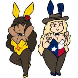 2girls alternate_color alternate_version_available american_female atlasdoesstuff blonde_hair bunnysuit chubby chubby_female countryhumans countryhumans_girl dark-skinned_female dark_skin light-skinned_female light_skin long_hair medium_breasts new_mexico new_mexico_(countryhumans) rose statehumans statehumans_girl texas texas_(statehumans) united_states_of_america v_sign