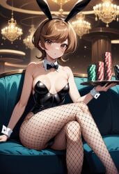 1girls ai_generated ass bangs blush breasts brown_eyes brown_hair bunny_ears bunnysuit female h_madoka leotard looking_at_viewer no_bra open_mouth playboy_bunny short_hair solo strapless teenager yu-gi-oh! yu-gi-oh!_vrains zaizen_aoi