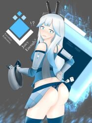 1female 1girls 1woman 2d ass blue_eyes blue_hair blue_shirt blue_thighhighs blush checkered_skirt embarrassed female female_only flustered from_behind gloves gray_gloves hat juicy_ass juicy_butt justice_chan logo lycentia presenting roblox roblox_game skirt skirt_lift small_boobs small_breasts star starscape_(roblox) thighhighs turret