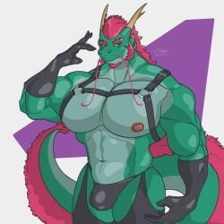 1:1 anthro antlers armor big_muscles big_pecs bulge chaps clothing detailed_bulge dragon eastern_dragon facial_hair gauntlets gesture gesturing_at_viewer glistening glistening_body gloves goatee green_body hair handwear harness horn huge_muscles huge_pecs krowbutt latex latex_clothing latex_handwear latex_legwear legwear looking_at_viewer male moustache muscular mythological_creature mythological_scalie mythology navel nipples pecs pink_eyes pink_facial_hair pink_hair scalie sideburns simple_background smile solo tail tail_fur thick_tail thong underwear