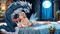 ai_generated blowjob fairy fairy_queen_lumina fairy_wings monster monster_cock on_bed original_character sexy silver_hair terror139 werewolf