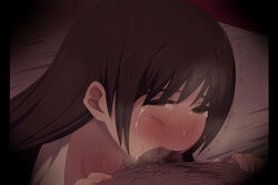 blush brown_eyes brown_hair censored fellatio fingernails hair kuruta long_hair oral pubic_hair sweat tear trembling