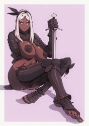 armor dark-skinned_female dark_skin huge_breasts original original_character skimpy_armor stella_(flou) tagme white_hair