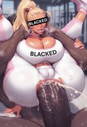 ai_generated anal bimbo blacked blacked_clothing blacked_gym blonde_hair choker cleavage cum full_nelson huge_ass huge_breasts huge_cock interracial pobodyznerf ponytail semen steam sweat tight_clothing yoga_pants