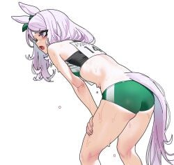 bent_over buruma crop_top female female_only heavy_breathing horse_ears horse_girl horse_tail kemonomimi lavender_hair light_purple_hair long_hair mejiro_mcqueen_(umamusume) purple_hair sarcophage short_shorts shorts small_breasts solo sports_bra sportswear sweat track_and_field track_uniform umamusume umamusume_pretty_derby