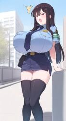 ai_generated breasts_bigger_than_head female huge_breasts nozomi_(akitokage01) police_uniform tsundere