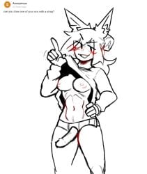 2022 5_fingers abs animal_ears animal_humanoid breasts canid canid_humanoid canine canine_humanoid clothed clothing clothing_lift derpyfox_36 digital_drawing_(artwork) digital_media_(artwork) english_text eye_through_hair eyebrows female female_humanoid fingers hair hair_bun hand_on_hip humanoid looking_at_viewer mammal mammal_humanoid medium_breasts narrowed_eyes navel nipples partially_clothed portrait raised_eyebrow shirt shirt_lift simple_background small_waist smile solo strapon text three-quarter_portrait topwear translucent translucent_hair white_background wolf_humanoid yukio_(derpyfox_36)