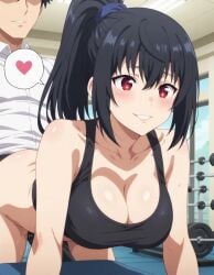 1boy 1girls ai_generated arifureta_shokugyou_de_sekai_saikyou athletic_female bare_thighs black_hair blush gigantic_breasts gym_clothes gym_uniform huge_breasts huge_thighs light-skinned_female light-skinned_male light_skin massive_breasts muscular_male ponytail red_eyes sex smiling squatting subaruarm sweat sweatdrop thick_body thick_female thick_thighs thighs vaginal_penetration voluptuous voluptuous_female yaegashi_shizuku