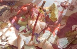 1girls 2d 2d_(artwork) baiken big_breasts big_thighs bird's-eye_view breasts breasts_apart breasts_bigger_than_head breasts_out busty busty_female curvaceous curvaceous_body curvaceous_female curvaceous_figure curvaceous_hips curvaceous_thighs curvy curvy_body curvy_female curvy_figure curvy_hips curvy_thighs cutesexyrobutts detailed detailed_background female female_focus female_only guilty guilty_gear guilty_gear_strive hair_between_eyes holding_object holding_sword huge_breasts huge_thighs indoors inside kimono kimono_down large_breasts large_thighs laying_down laying_on_back laying_on_floor legs legs_apart legs_spread light-skinned_female light_skin long_hair looking_at_viewer lying lying_down lying_on_floor messy_room nipples_covered one_eye_closed open_clothes pillow pillows ponytail red_eyes red_hair scar scar_across_eye solo solo_female solo_focus spread_legs sword thick thick_hips thick_legs thick_thighs thigh_highs thighhighs thighs thunder_thighs thunderthighs tongue tongue_out video_game_character video_games voluptuous voluptuous_female