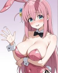 1girls ai_generated aqua_eyes arm_under_breasts bare_arms bare_shoulders blush blush bocchi_the_rock! breasts bunny_ears bunny_girl bunny_tail bunnysuit cleavage detached_collar detached_cuffs fake_animal_ears fake_bunny_tail female gotou_hitori hair_between_eyes hair_ornament large_breasts leotard long_hair looking_at_viewer nervous notreallyhere open_mouth pink_bunnysuit pink_hair pink_leotard playboy_bunny simple_background smile solo sweat upper_body waving waving_at_viewer