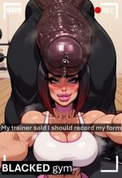 absurdly_large_cock ai_generated bangs bimbo black_hair blacked blacked_gym bob_cut cleavage cock_shock cock_worship cum dumb_face fit_female foreskin goth gym huge_breasts huge_cock imminent_oral interracial milf penis_on_face penis_on_head personal_trainer pobodyznerf ponytail precum recording red_highlights saliva selfie snapchat squatting steam sweat tight_clothing veiny_penis workout