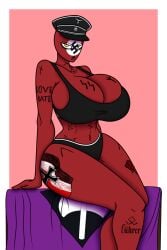 big_ass big_breasts black_clothes black_clothing countryhumans countryhumans_girl cowgirl_position ech0chamber female female_focus female_only girl gold_eyes gold_pupils huge_breasts military_hat newgrounds pink_background red_body red_skin red_skinned red_skinned_female swastika thick_legs thick_thighs third_reich_(countryhumans)
